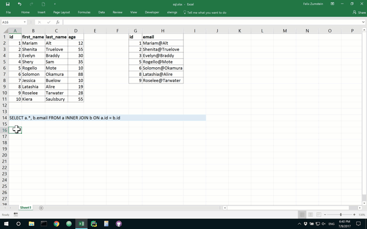 sql in Excel