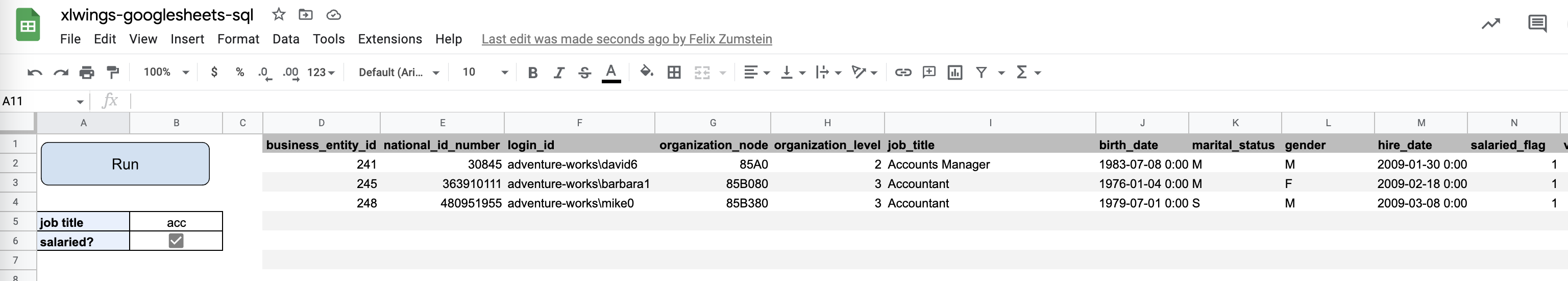 Google Sheets SQL Server Dashboard